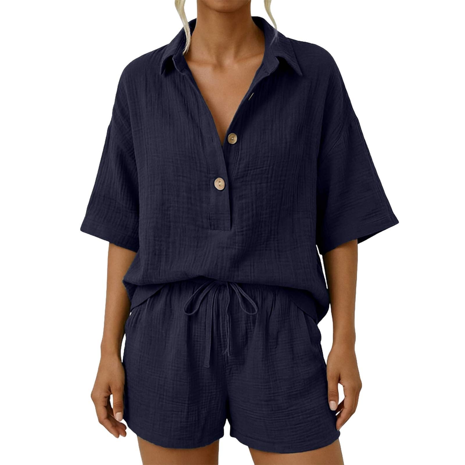 Générique Ensemble Femme 2 PièCes Coton Et Lin Pas Cher Chic Et éLéGant Manches Courtes Chemise + Short avec Poche Ample Et Respirant Tenues D'éTé Costume De Loisirs