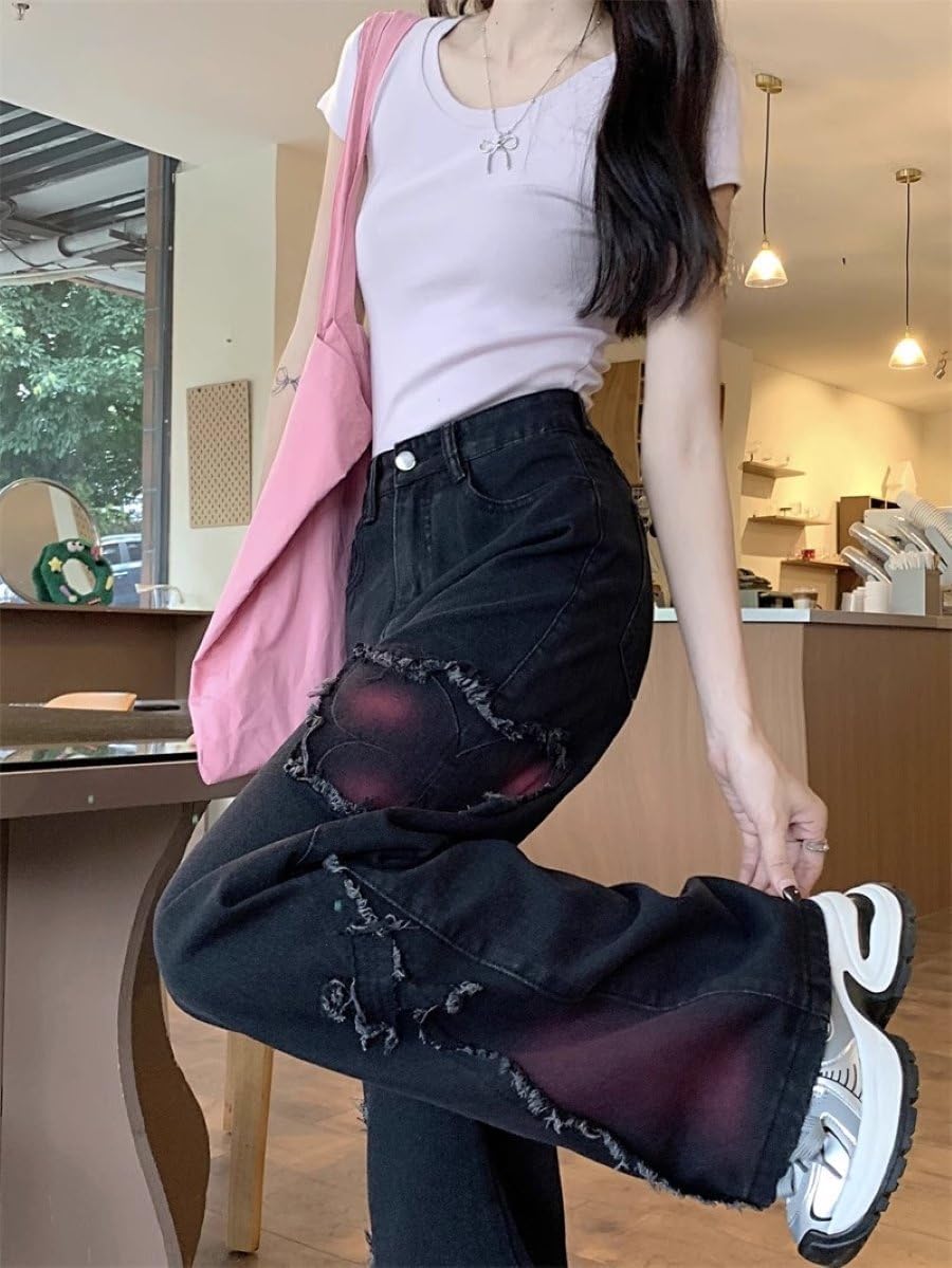 Women’s Y2K Baggy Wide Leg Jeans High Waisted Distressed Patchwork Denim Pants Loose Fit Streetwear