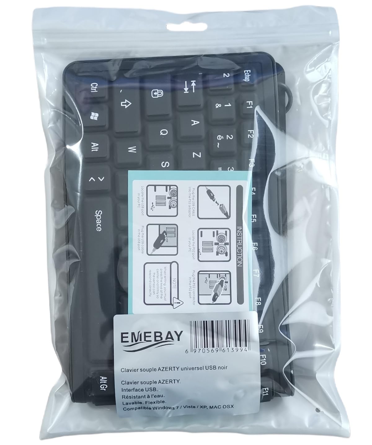 EMEBAY USB Clavier Français Pliable AZERTY en Silicone étanche 103 Touches | Clavier Souple étanche Compatible avec Ordinateur de bureau, Ordinateur Portable, Tablette Tactile, Téléphone Portable