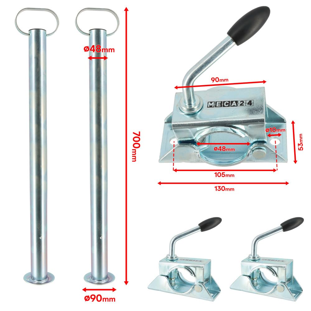Béquilles de support pour remorque x2 + brides de fixation x2 - Hauteur 700mm - Dia 48mm - Acier galvanisé - Pied stabilisation