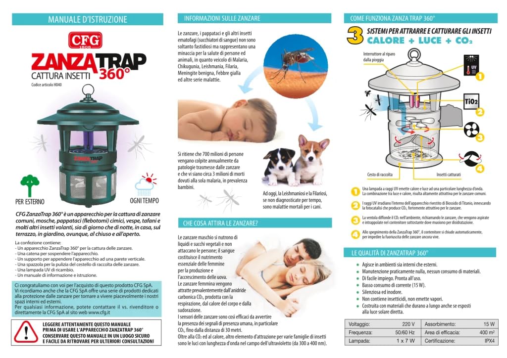 Zanzatrap360° CFGEZ019 Trappola Zanzare Elettrica UV 15W con CO2 e Fotocatalisi, Copertura 400 mq, Lampada UV 8000h, Uso Interno Esterno, Insetticida Senza Pesticidi