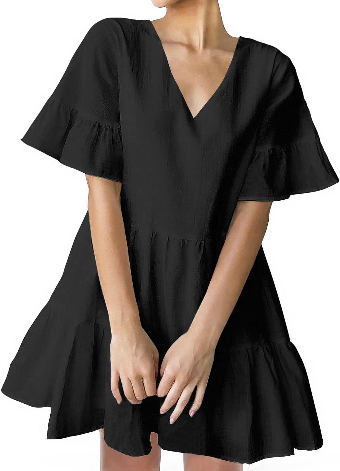 Women’s V Neck Cute Shift Dress with Pockets Bell Sleeve Ruffle Hem Loose Swing Summer Tunic Mini Dress