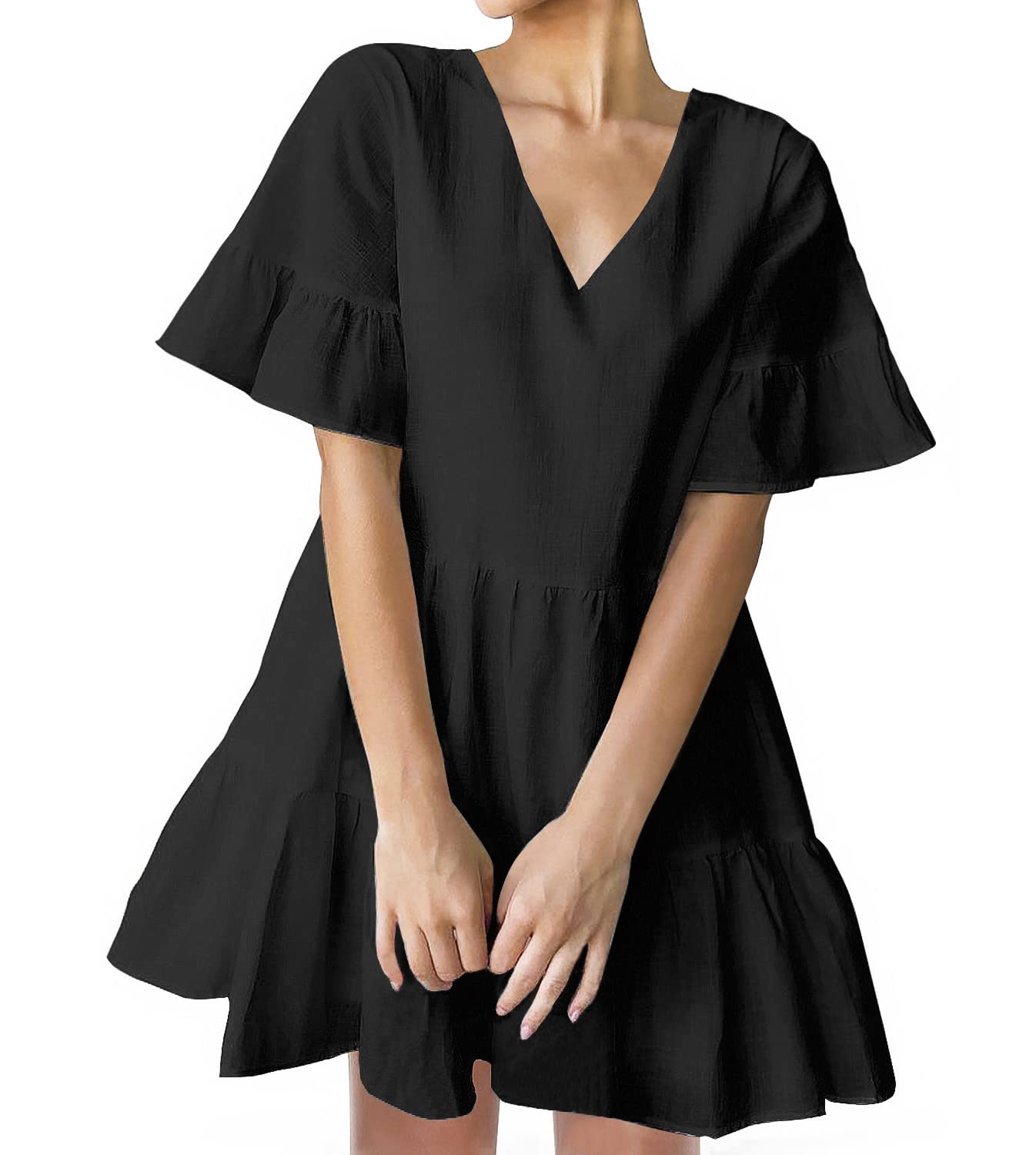 Women’s V Neck Cute Shift Dress with Pockets Bell Sleeve Ruffle Hem Loose Swing Summer Tunic Mini Dress