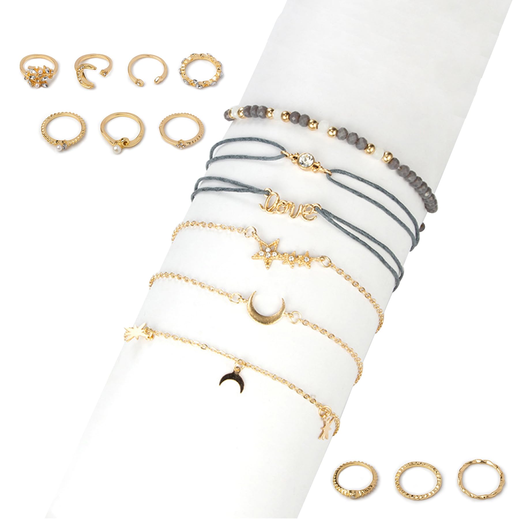 Sun and Moon Bracelet Set - 16 Pcs, Gold Moon and Star Bracelets, Aesthetic Boho Jewellery for Teenage Girls