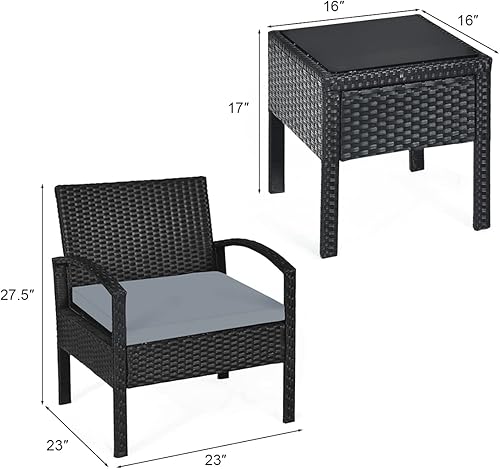 Miniatura 5 de Tangkula Juego de 3 piezas de conversación de patio, juego de sofá de ratán para exteriores con cojines de asiento y mesa auxiliar, juego de muebles