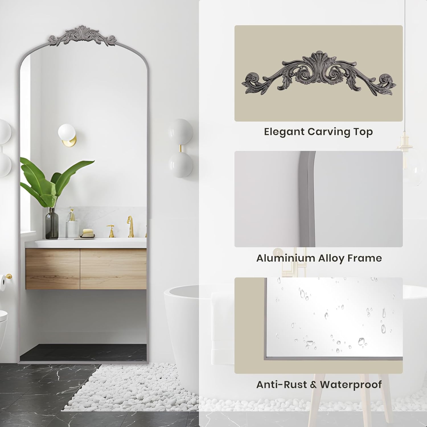 Filigree Floor Mirror 64"x21" Full Length Freestanding with Vintage Ornate Carved Applique Full Body Mirror Hanging Wall Mounted for Living Room Bedroom Retor Home Decor Mirror, Silver