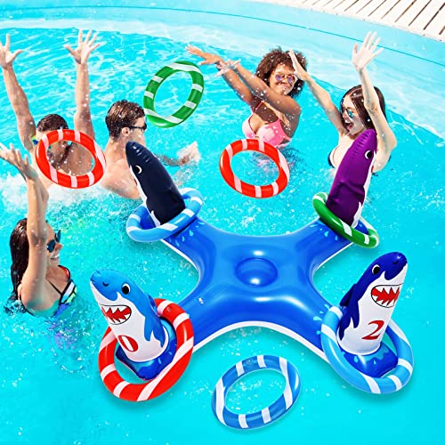 Inflatable Ring Toss Games With 6 Rings, Flamingo Shark Pool Ring Toss Game Summer Pool Toys Party Games For Kids And Adults (Shark-Blue) #TOP4