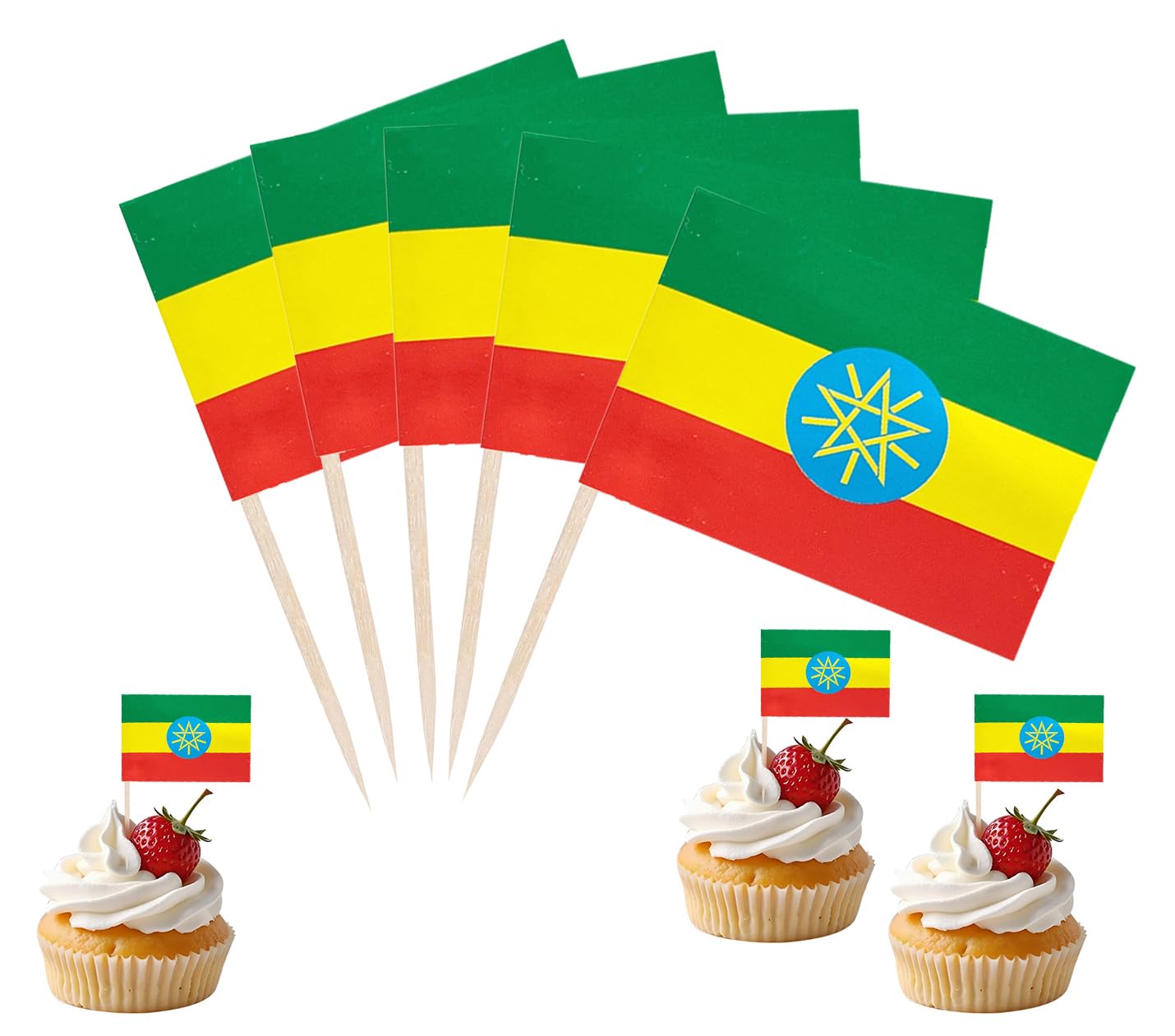 JBSJBS Ethiopia Flag Ethiopia Cupcake Topper Flags Banner Mini Small Ethiopians Toothpick Stick Flags Cake Party Festival Theme Decorations(100Pcs) — image 1