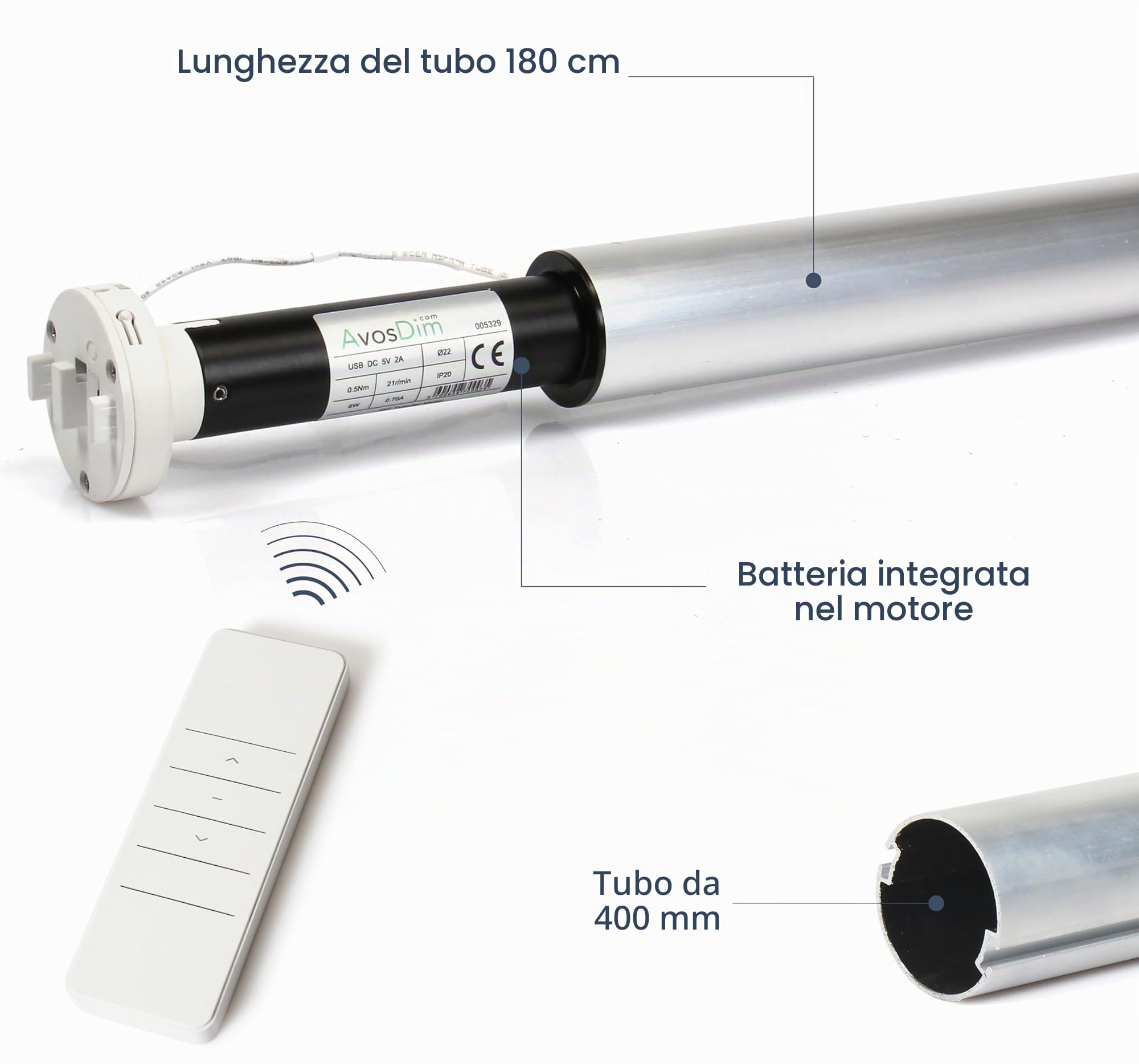 Avosdim - Estore motorizzato avvolgibile senza fili con batteria ricaricabile + telecomando, installazione facile (tubo ø40 mm, LG Tube 180 cm)