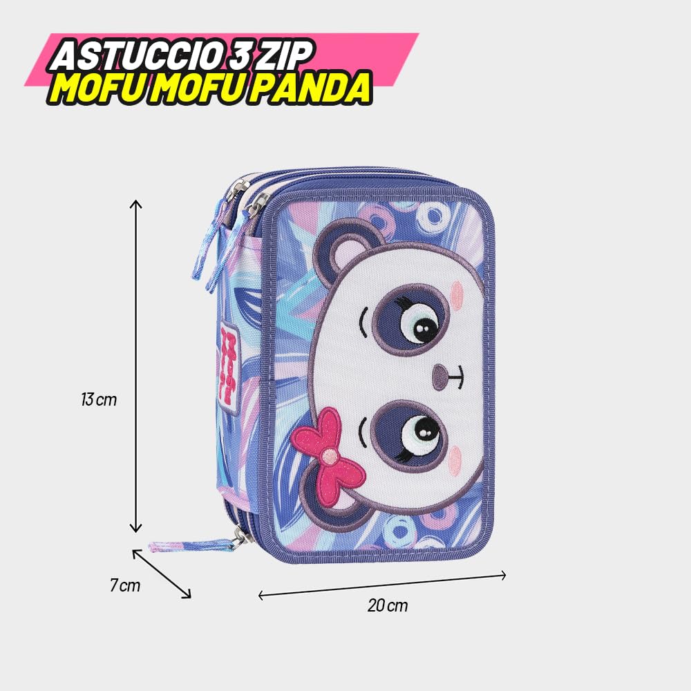 MOFU MOFU - Astuccio Scuola Ufficiale Mofu Mofu, Astuccio 3 Scomparti Bambina e Bambino con Set Cancelleria, Penne Cancellabili blu e rossa, e Pratica Chiusura a Zip, 20x13Hx7 cm