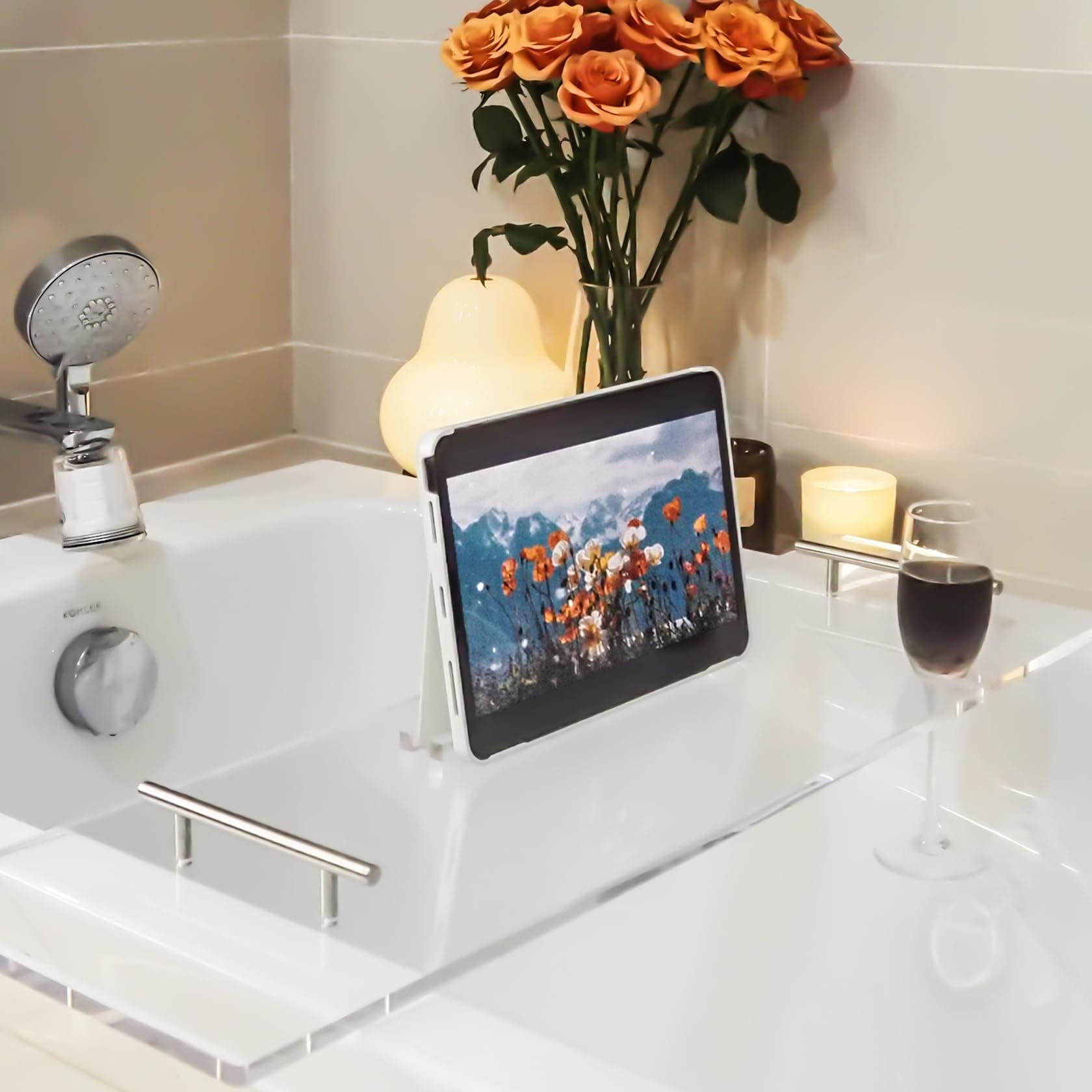 Acrylic Bathtub Tray with Wine Glass Holder