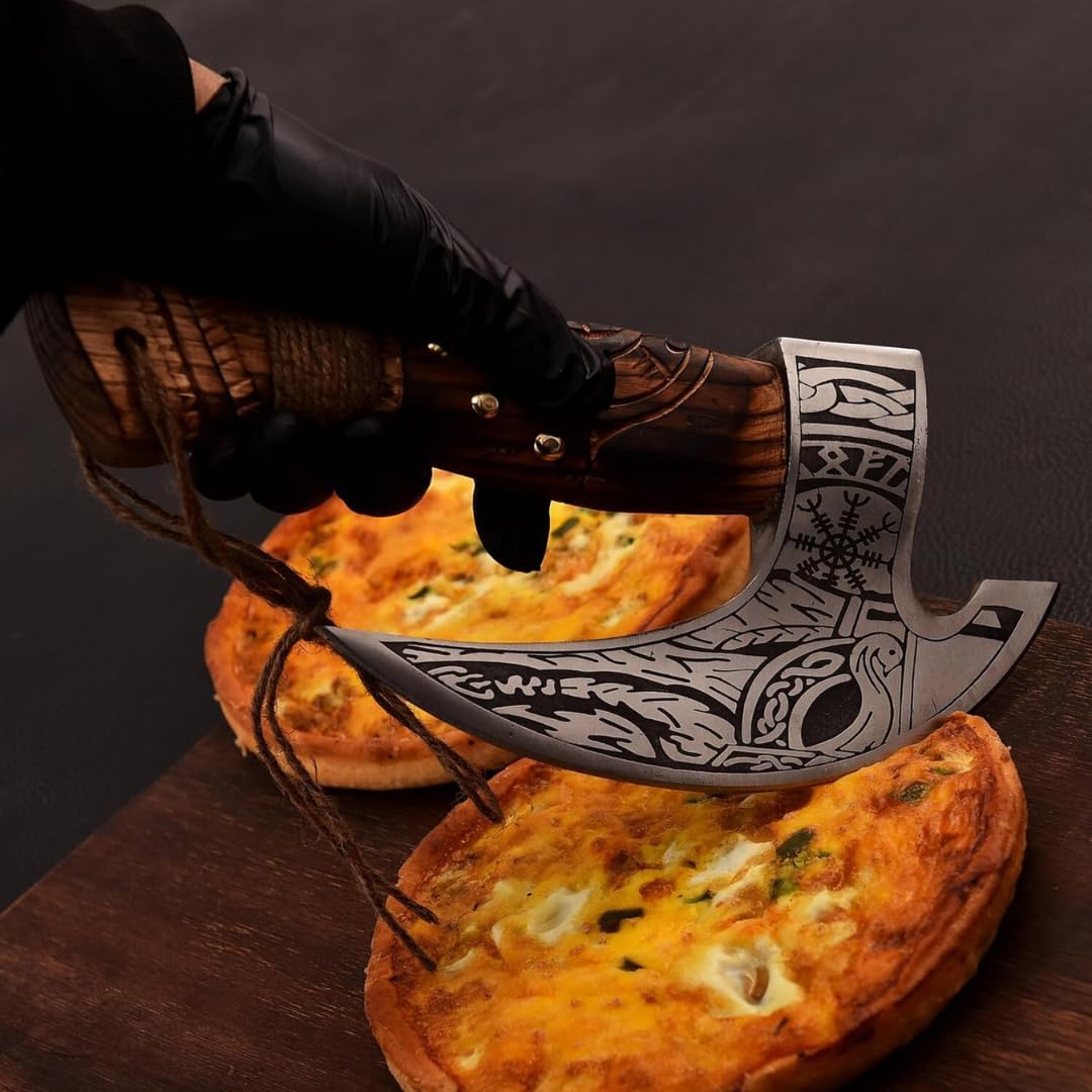 Pizza Cutter Axe Carbon Steel Slicer Chef Viking Axes with Leather Cover - Premium Oven Accessories Ulu Rocking Gifts for Men(Rp Pizza Axe)