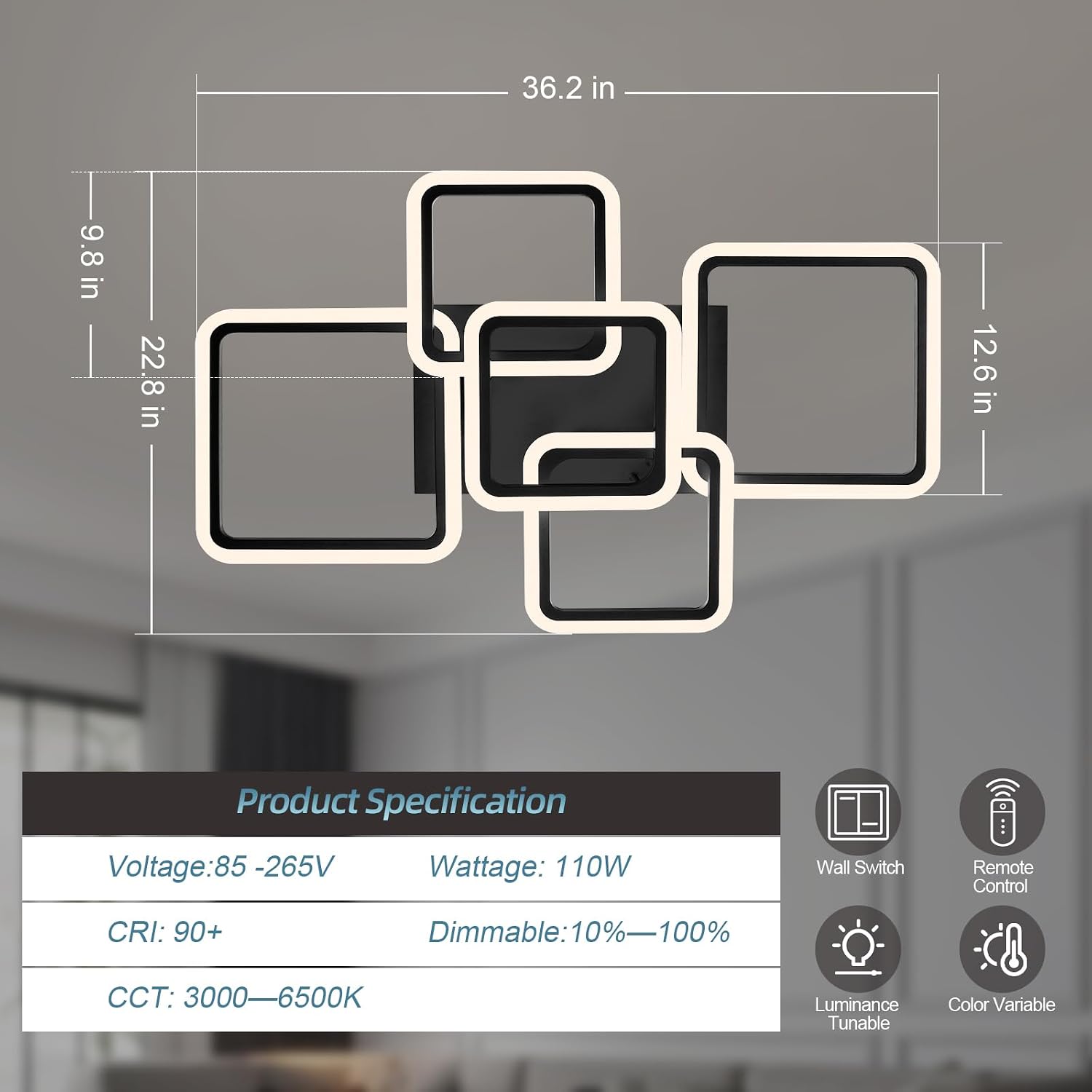 Smart LED Ceiling Light, 5-Square Flush Mount Ceiling Fixture, 95W Dimmable Acrylic Light with Remote, WiFi Alexa & App Control for Bedroom Living Room Dining Room (Black) image 4