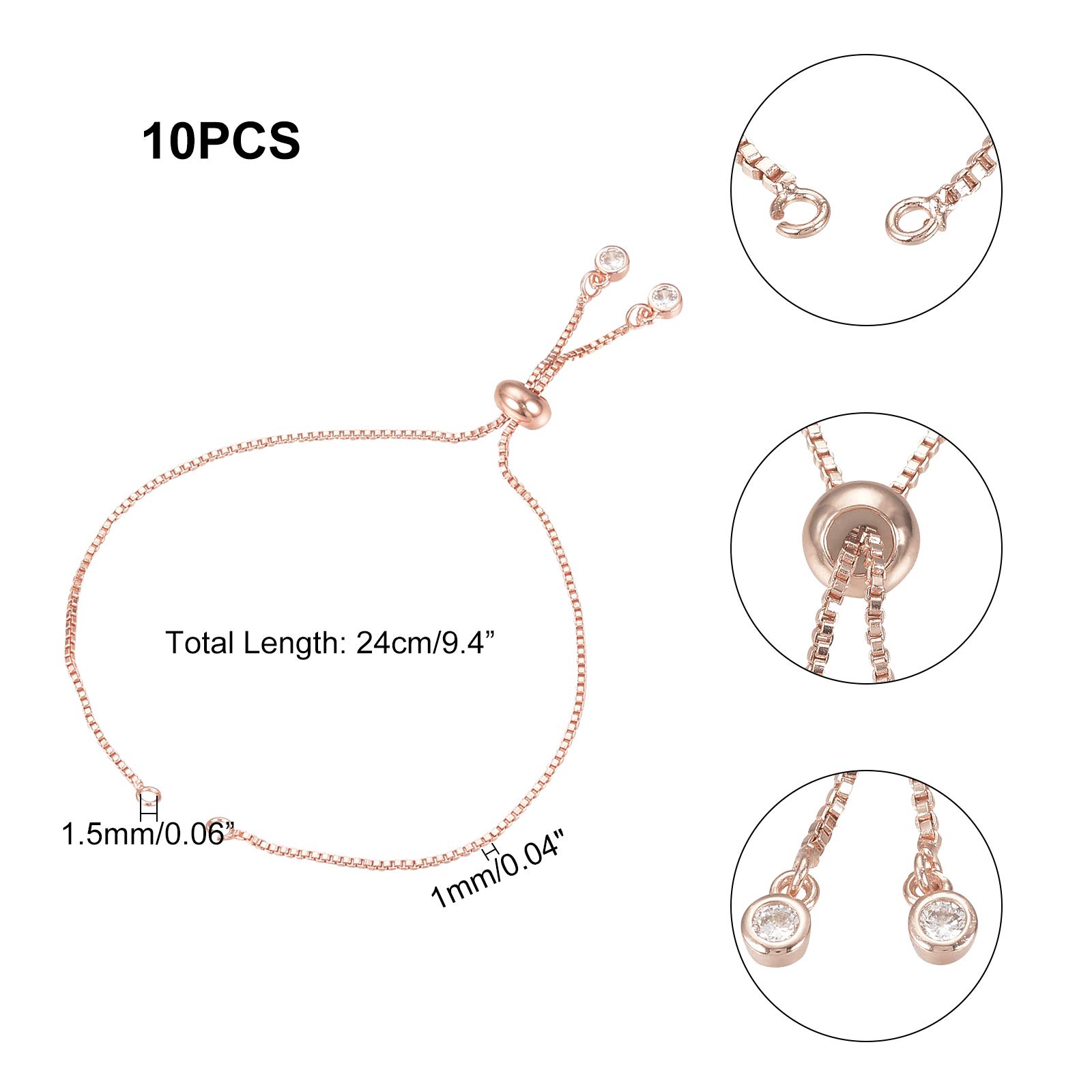 UNICRAFTALE 10pcs Rose Gold Brass Slider Bracelet Chains - 9.4in Adjustable Bracelet With Cubic Zirconia For Jewelry Making