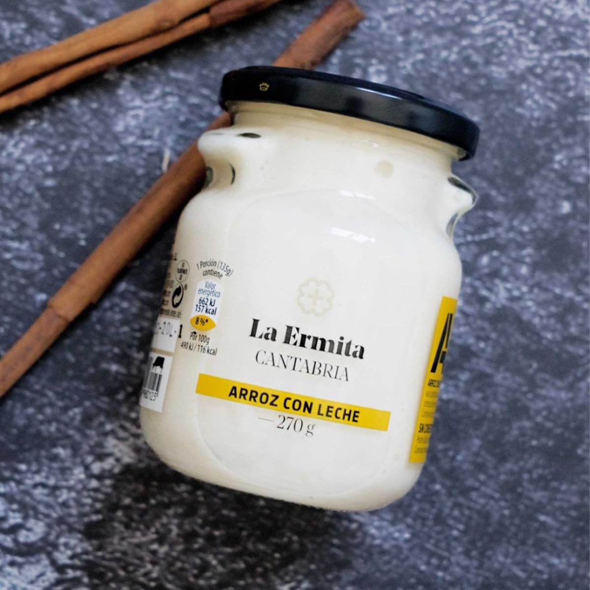 LA ERMITA Arroz con Leche Postre Lácteo Tradicional Tarro de Cristal Canela Limón Sin Gluten 270 g Pack 6