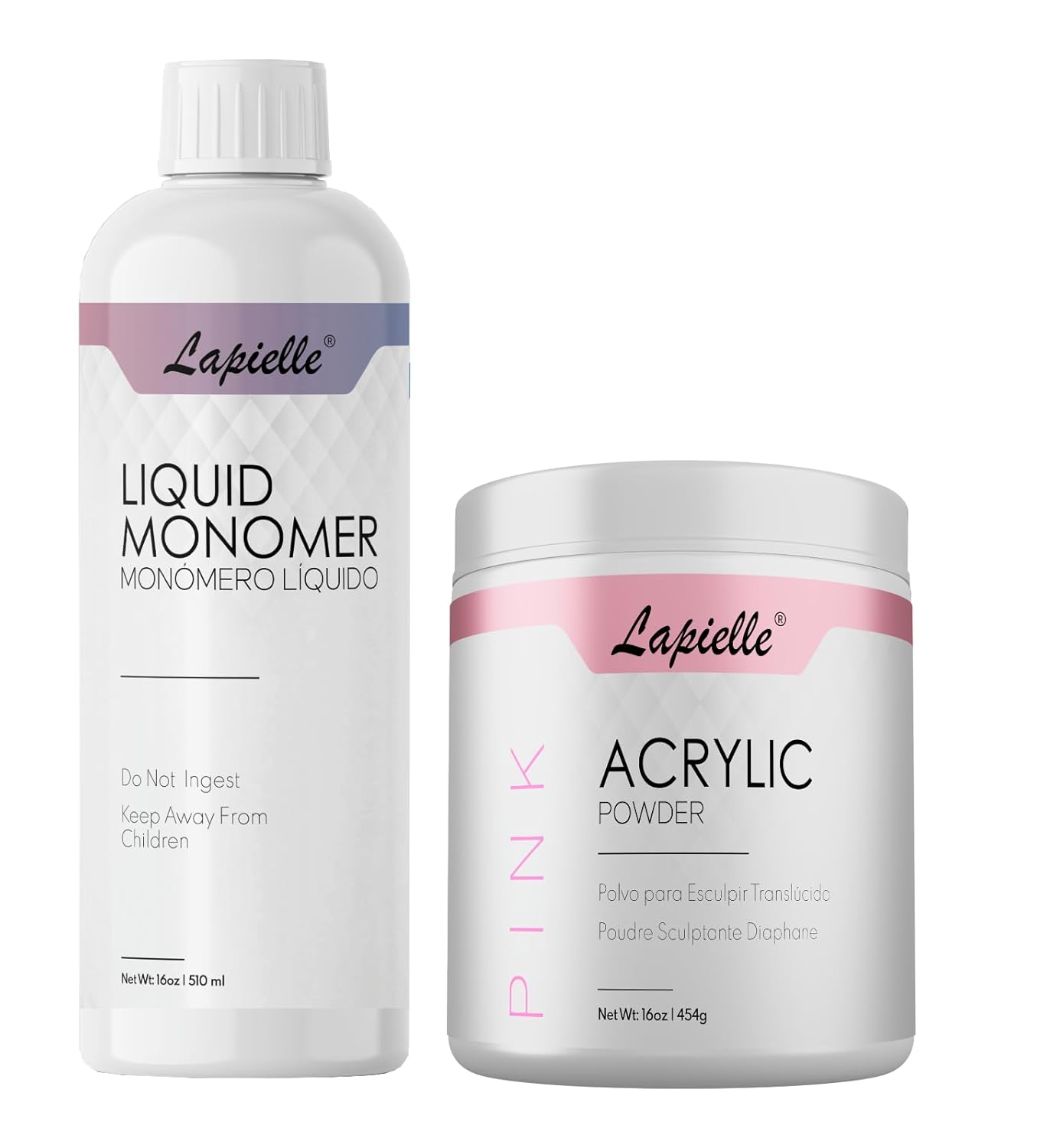 Professional Acrylic Powder for Nail Art. Long-lasting 16oz PINK + Lapielle acrylic nail liquid monomer NO MMA 16oz.