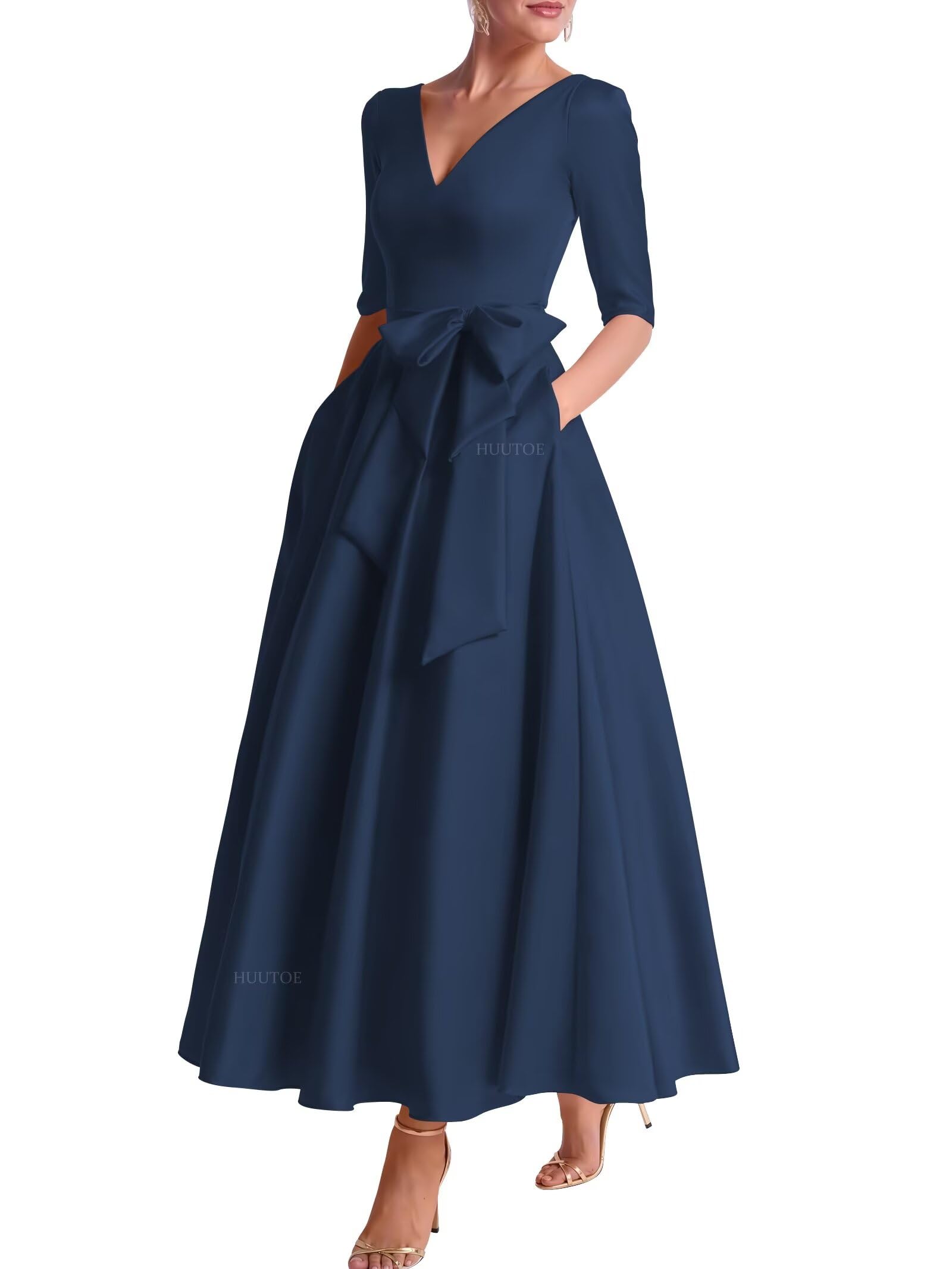 Half Sleeve Mother of The Bride Dresses for Women Tea Length Satin V Neck Formal Wedding Evening Gowns with Bow