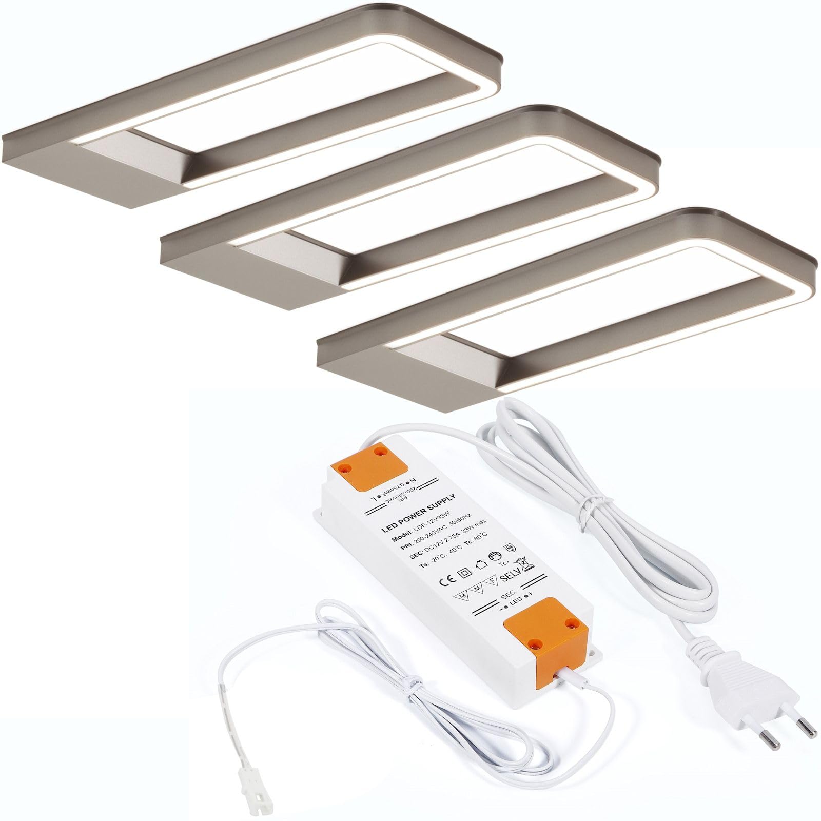 SOTECH 3er Set LED Möbelleuchte GIULIA III inkl. Trafo & Verteiler Edelstahloptik, 3000K warmweiß, 12V, 5W Unterbauleuchte Schrankleuchte Vitrinenbeleuchtung