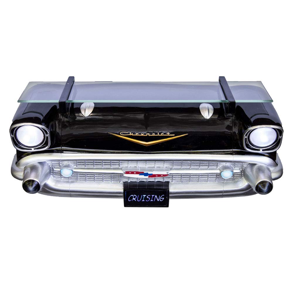 Sunbeltgifts 1957 Chevrolet Bel Air Wall Shelf, Floating Shelf, Tempered Glass, Black, 20x6.1x8 inches, Functional LED Headlights, Battery Operated, Unique Gift for Car Enthusiast