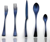 Vista 8 de JASHII Juego de cubiertos de plata de acero inoxidable 18/10 de lujo, 20 piezas, color azul mate, repuesto negro, utensilios seguros