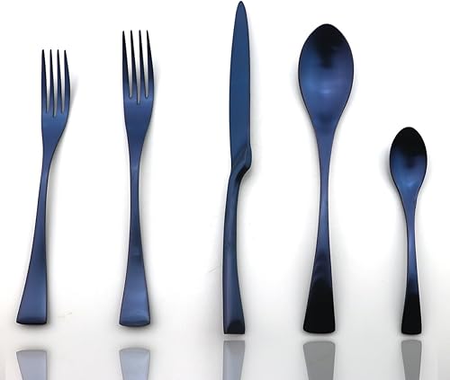Miniatura 8 de JASHII Juego de cubiertos de plata de acero inoxidable 18/10 de lujo, 20 piezas, color azul mate, repuesto negro, utensilios seguros