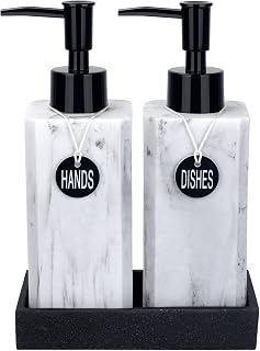 Soap Dispenser Set with Tray,Resin Hand Soap Dispenser and Dish Soap Dispenser.Liquid Hand Soap Dispenser Sets for Bathroom Countertop & Kitchen Sink,White Marble Look