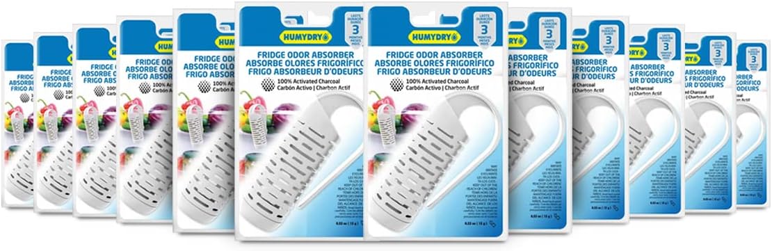 HUMYDRY® - Pack of 12 Natural Activated Charcoal Odor Eliminator Clips - For Refrigerator and Freezer - Fragrance-Free - Lasts 3 Months - Compact Design