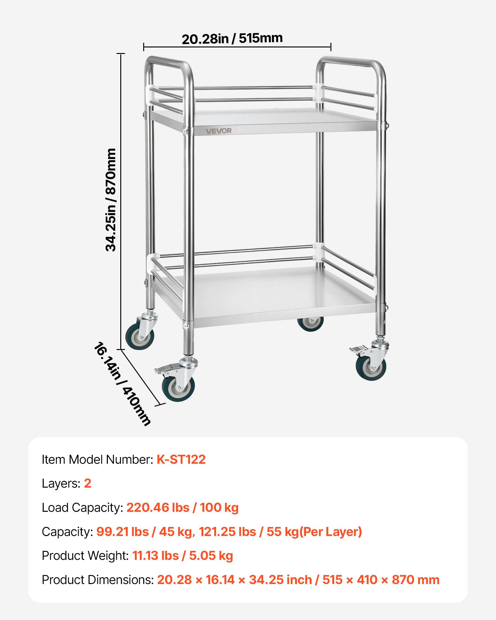 VEVOR Chariot de Service Utilitaire à 2 Niveaux, Desserte en INOX avec Roues Verrouillables, pour Soins Médicaux Hôpital Clinique Restaurant Cuisine et Salon de Coiffure, Chariot de Laboratoire