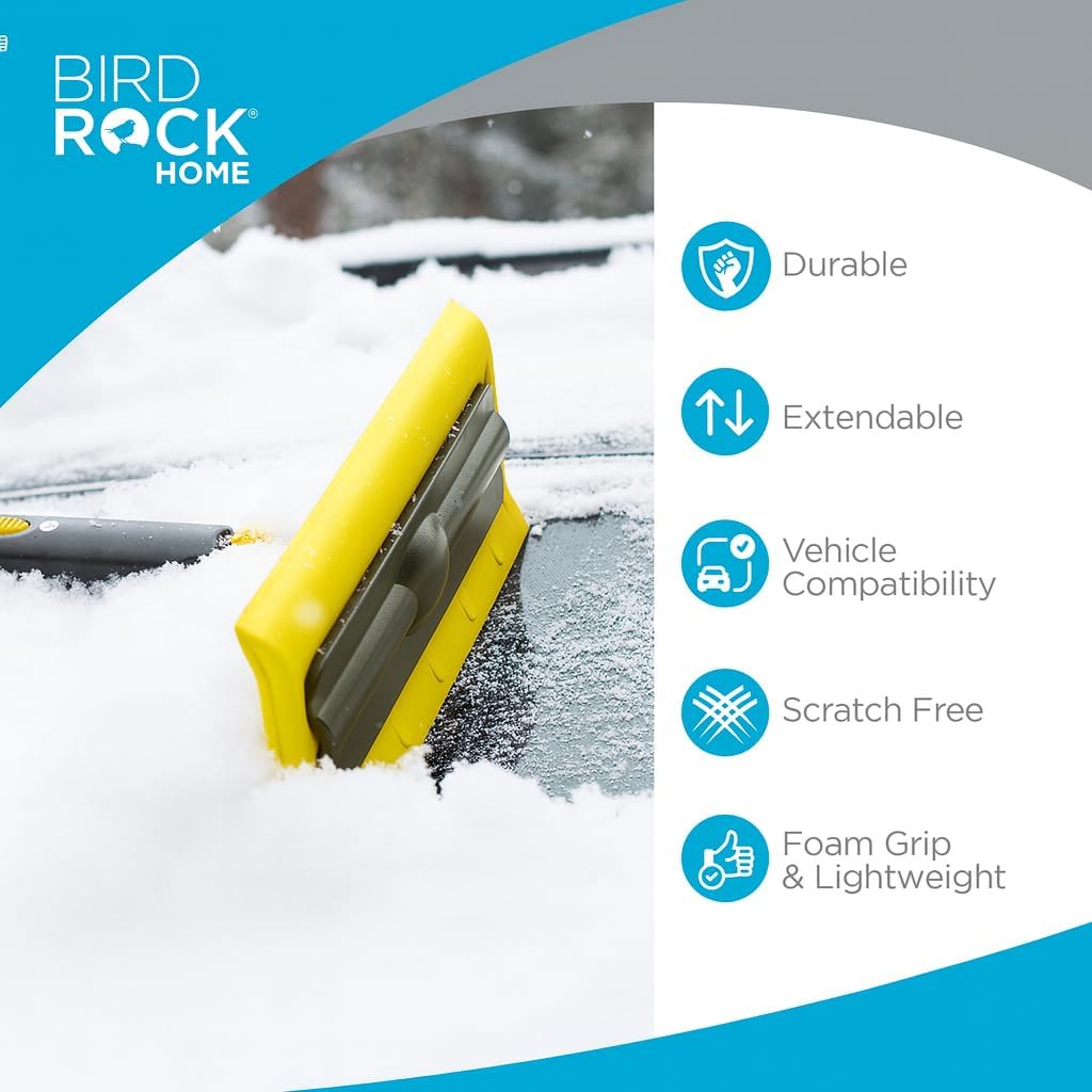 BIRDROCK HOME 55" Extendable Snow Brush & Ice Scraper for Car Windshield - Long Aluminum Grip for Truck, SUV - 14" Foam Head - Safe on Auto & Windows - Wide Frost Remover - Yellow