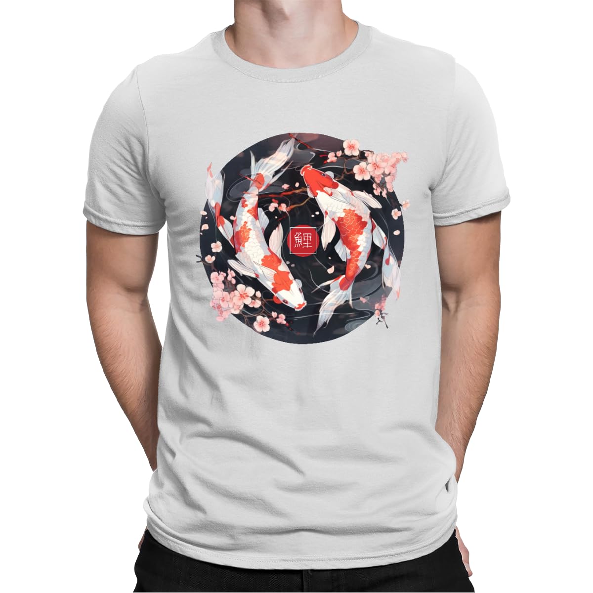 Unibly Men's White Koi Yin And Yang Carp Aesthetic Anime Manga T-Shirt, L