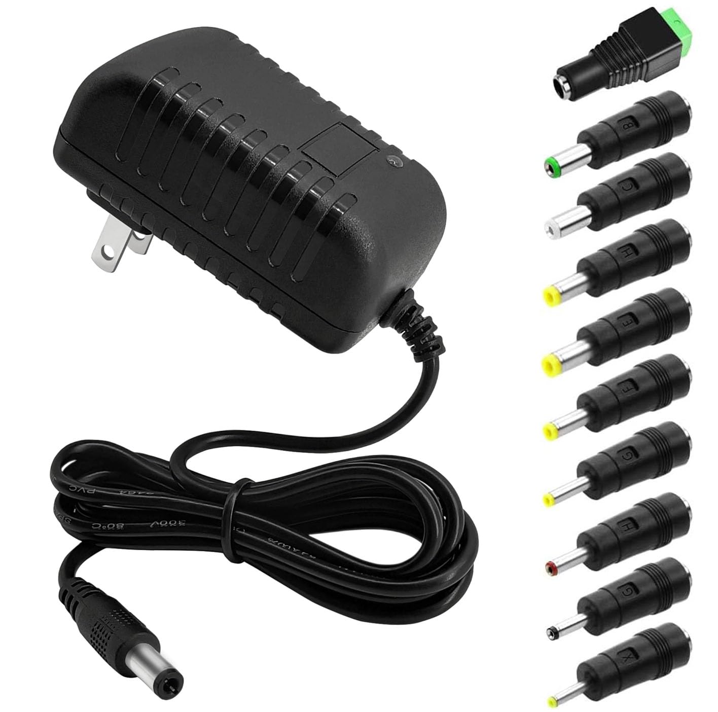 12V 2A DC Power Supply 24W AC Adapter 100-240v 50-60hz ac to 12 Volt 2000mA Transformer, DC 12v Power Adapter Cord Replacement with 10 Tips for dc12v