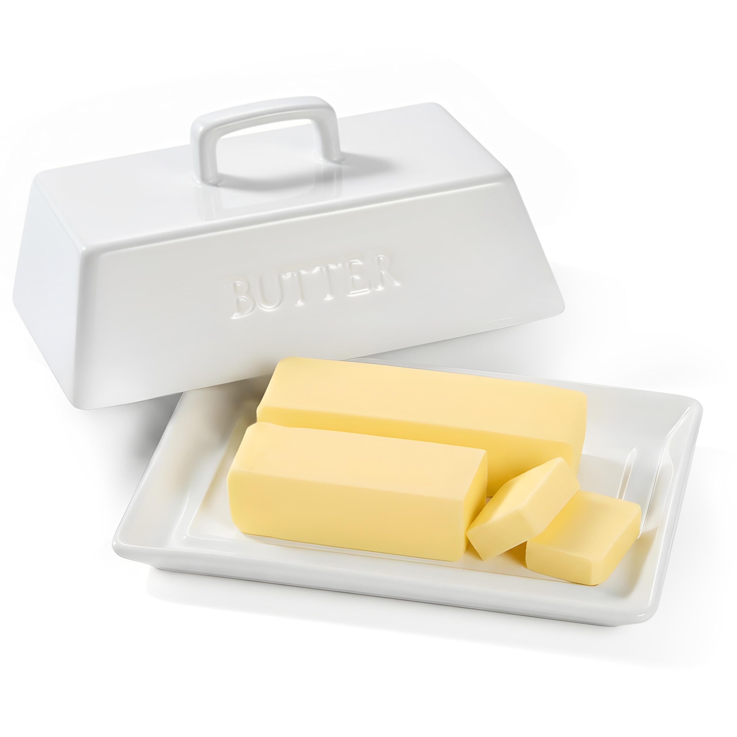 Kook Beurrier extra large en céramique avec couvercle, peut contenir 2 bâtons, compatible avec East Coast, West Coast, style européen et Kerrygold Butter Keeper, plateau de service avec couvercle