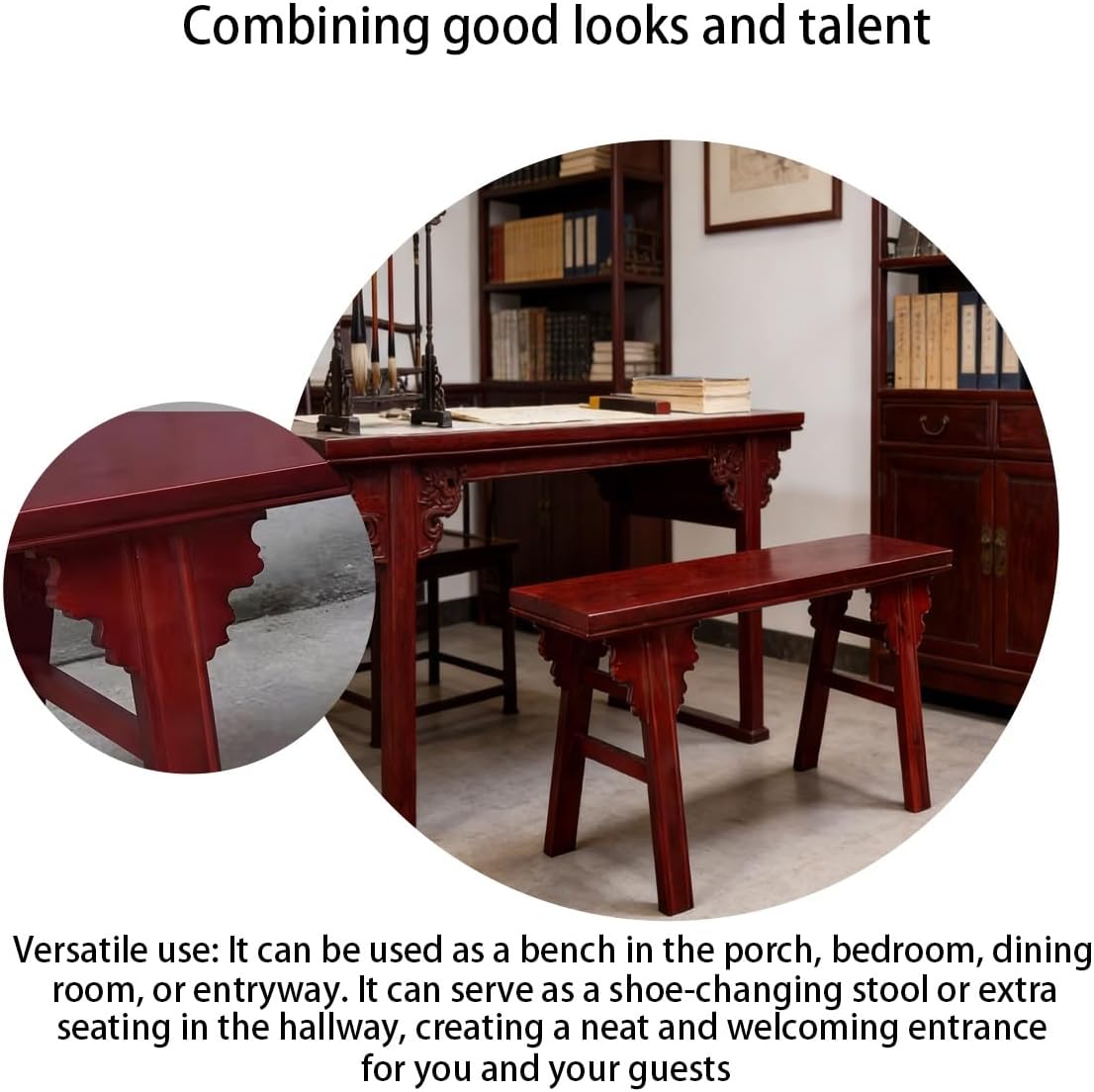 Wood Bench,Narrow Mid-Century Wooden Benches,Suitable for Dining Room, Bedroom, Porch and Other Narrow Spaces(Dark red,2-46.5x8.2x16.5in)