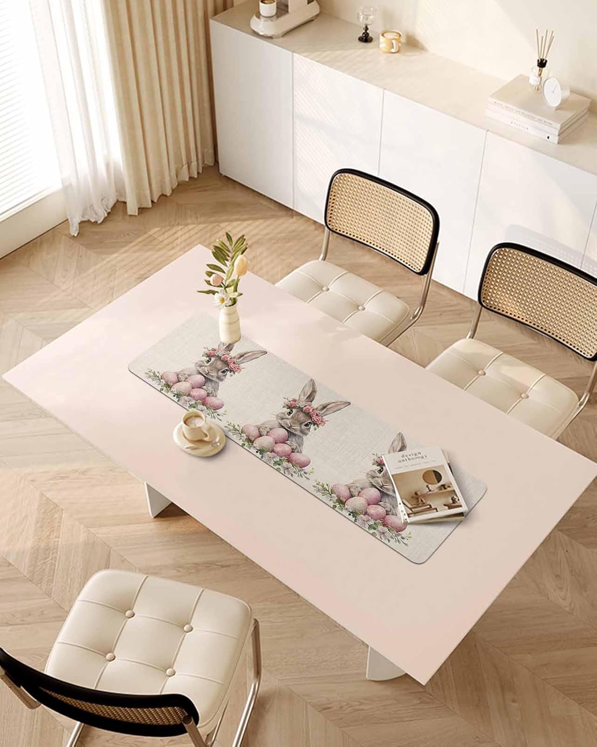 Countertop Protector Mats, Realistic Grey Easter Rabbit Pink Eggs Wreath Retro Non-Slip Heat-Proof Dining Table Mats Decorative Surface Protection for Countertops Kitchen Islands Tables 12"x 48"