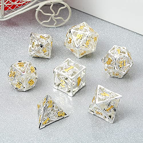 DNDND-Dragon-Metal-Dice-Set-DD-7-PCS-Hollow-Die-with-Metal-Gift-Case-for-DND-Dungeons-and-Dragon-Game-Silver-with-Gold-Number