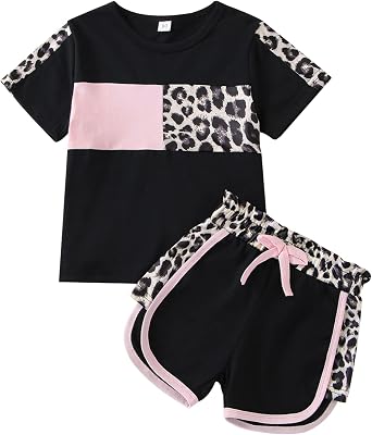 FOCUTEBB Toddler Girl Clothes Baby Leopard T-Shirt Shorts Summer Set 18M-8Y