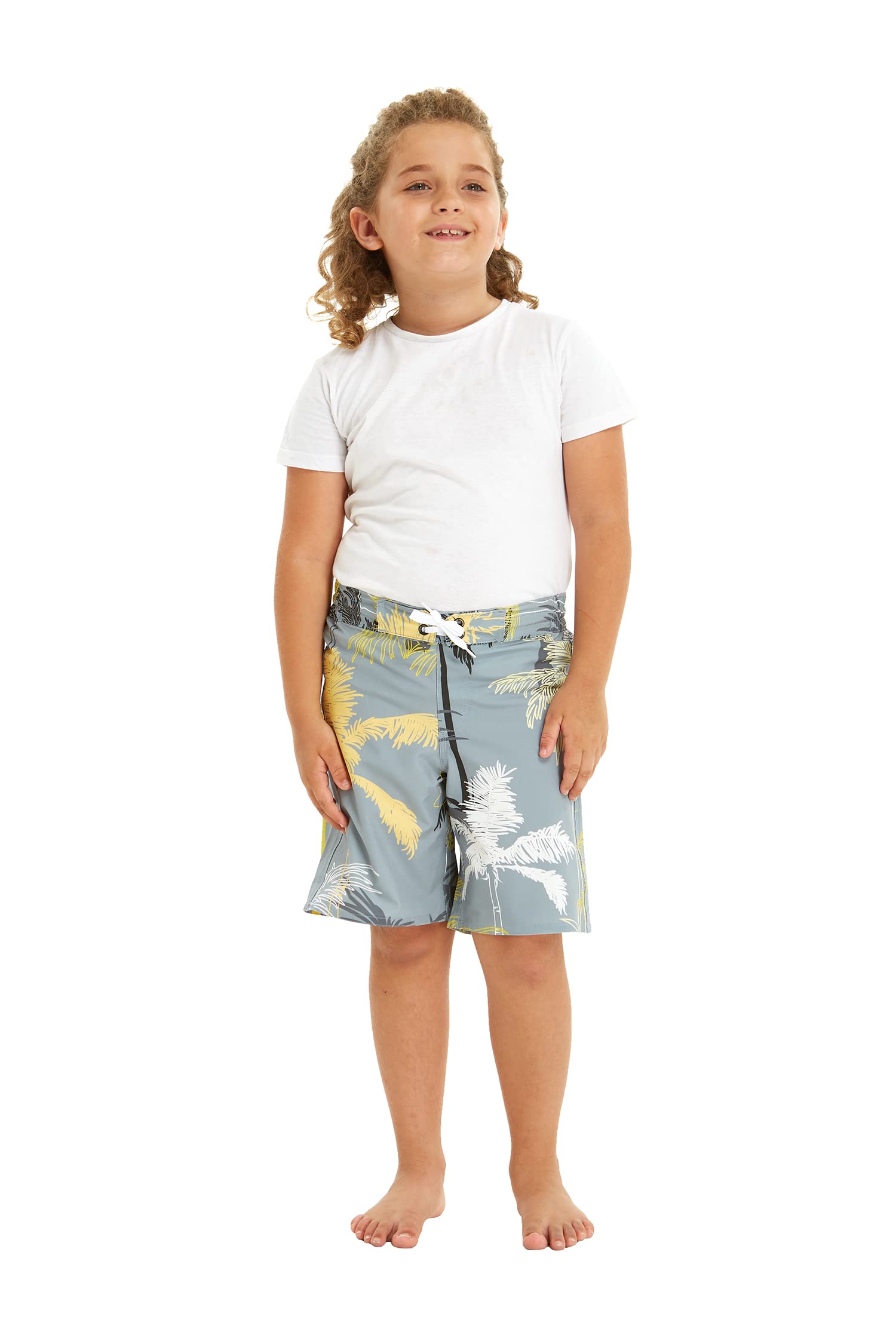 Boy's Spandex Hawaiian Beach Board Shorts with Elastic Tie and Pocket in Yellow Palms in Gray 12