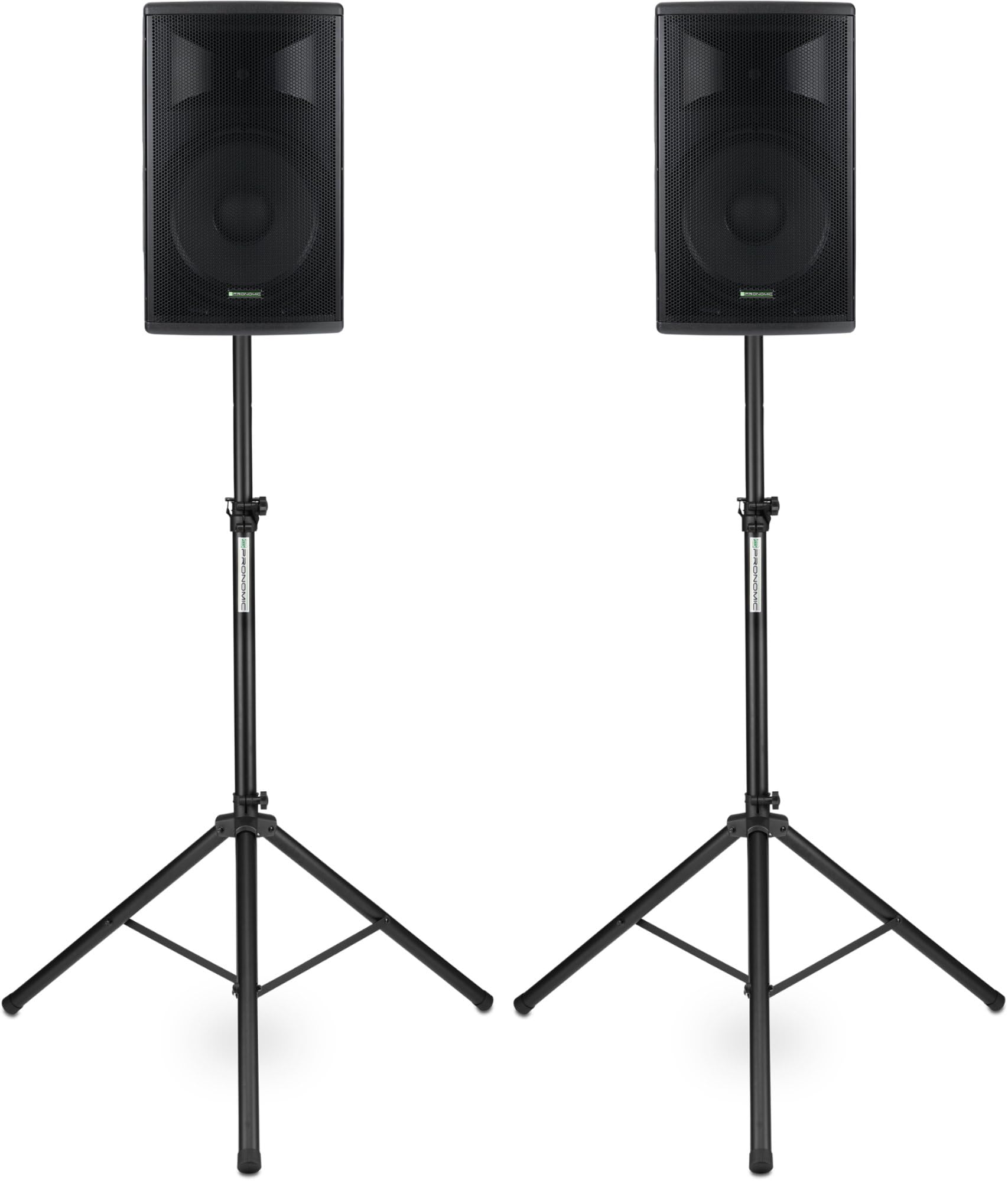 Pronomic E-212 MA Stative Set - 2 aktive 2-Wege Boxen - Leistung: 2X 120 Watt (RMS) - 12" Woofer + 1,0" Kompressions-Treiber - Bluetooth - MP3-Player mit USB/SD - Monitorschräge - inkl. Stative