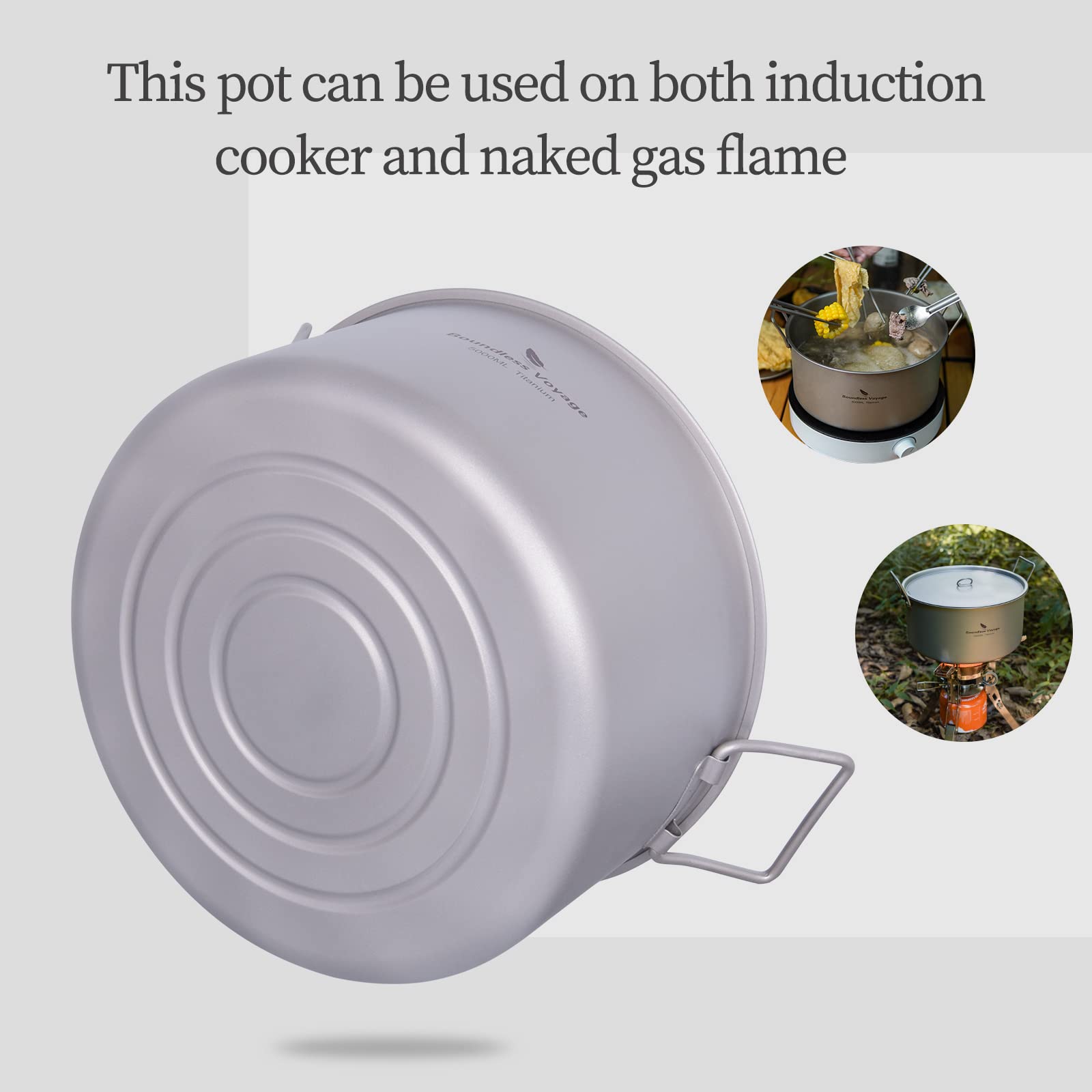 iBasingo 5L Titan Suppentopf Camping Topf Hot Pot Wok Outdoor Kochgeschirr Suppen Heißer Topf Tragbare Holloware mit Deckel & Klappgriff Leichtes Wandern Groß Kochtopf fur 4-6 Personen Ti2104C