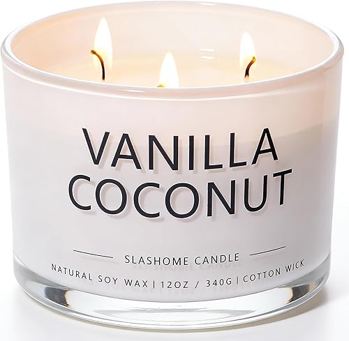 Velas con aroma a vainilla y coco, velas grandes de 3 mechas para el hogar, velas de lujo de soja de 12 onzas, 50 horas de tiempo de combustión,