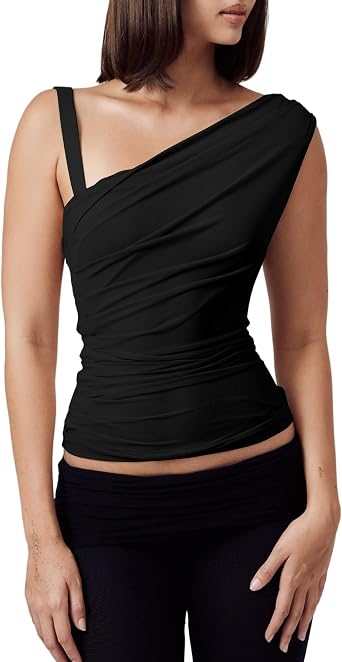 Womens One Shoulder Tank Top Summer Casual Off Shoulder Ruched Slim Fit Shirts Sleeveless Double Lined Tunic Tees