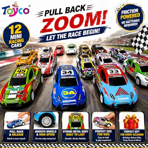Image of toyco 12 Pcs Mini Metal Pull Back Cars for Kids 3+ Years | Small Toy Cars Set for Boys & Girls | Die Cast Racing Car Toys, Return Gifts, Party Favors, Birthday Gift, Friction Powered Mini Car