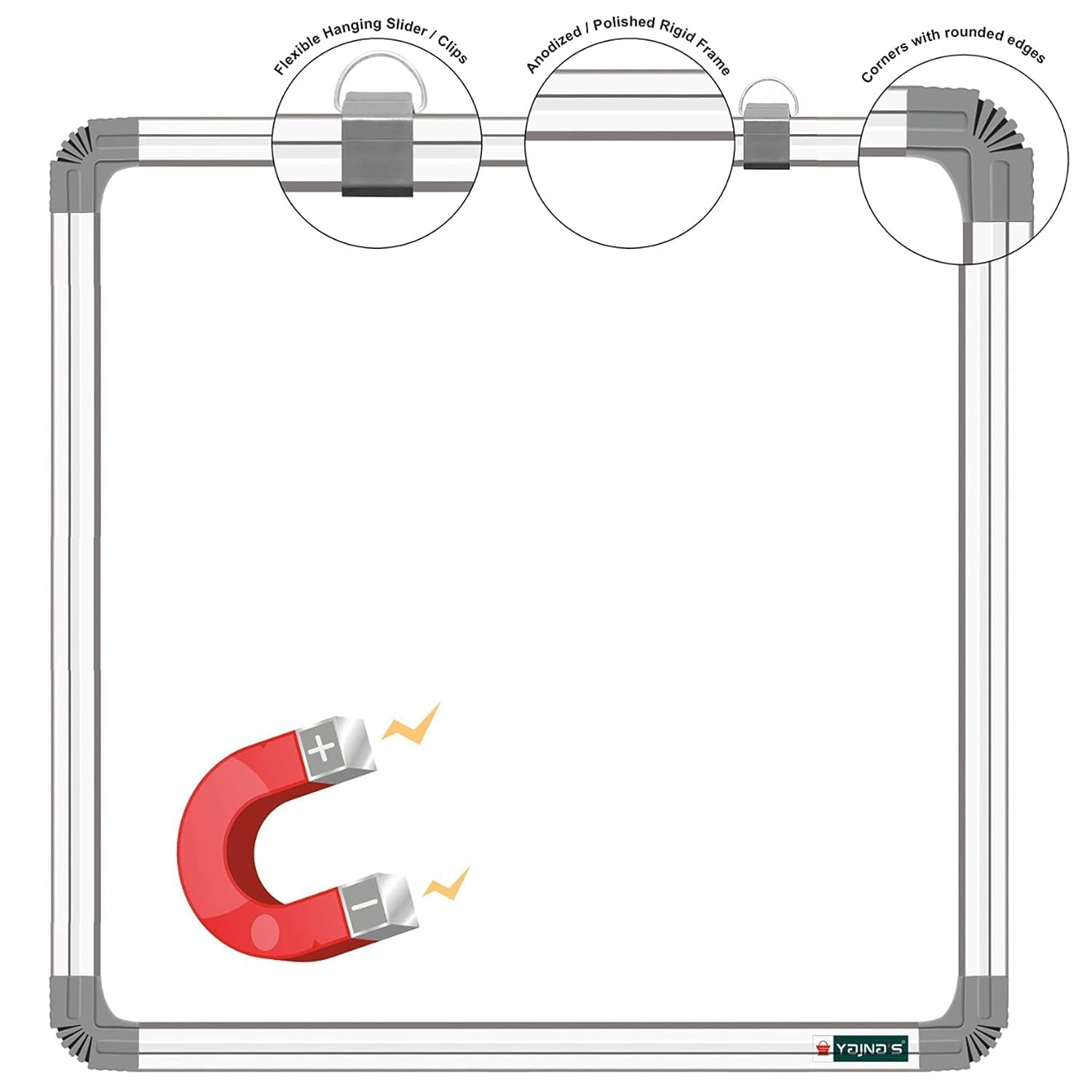 YAJNAS Tableau blanc magnétique effaçable à sec 28 x 28 cm avec 6 aimants, 1 gomme/plumeau magnétique, 1 échelle de 30 cm et 2 marqueurs effaçables à sec pour la maison, le bureau et l'école