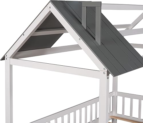 Miniatura 33 de KLMM Cama de madera de tamaño matrimonial con valla y puerta, marco de cama de madera para niños o niñas, se puede decorar (valla blanca + puerta)