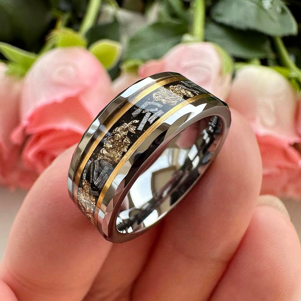TUTISS 8mm Silver/Black/Gold Tungsten Rings for Men Women Meteorite Chips Gold Foil Galaxy Opal Inlay Promise Engagement Wedding Band Polished Shiny Comfort Fit