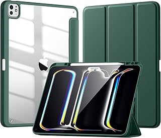 جراب حماية متوافق مع اي باد برو الجديد 13 بوصة 2024 M4 مع حامل قلم مدمج مع غطاء خلفي شفاف صلب (أخضر غامق)