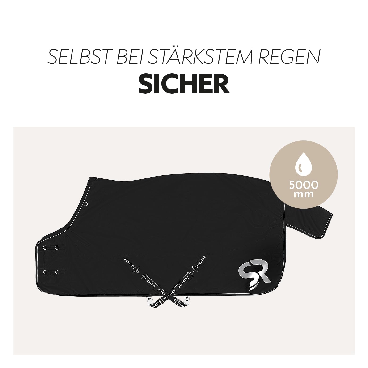SUNRIDE Regendecke 50g für Pferde (Dublin) - 600D - mit Unterdecken kombinierbar - 100% wasserdicht - 5.000mm Wassersäule - extrem atmungsaktiv - schwarz (145cm)