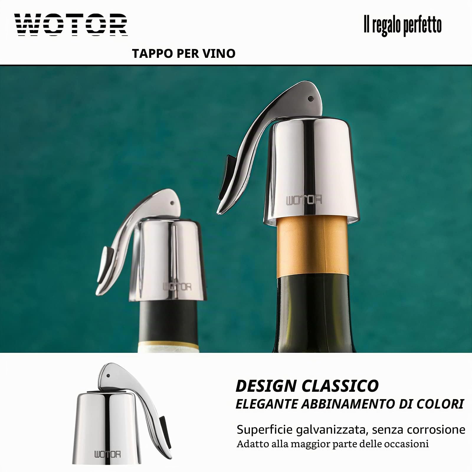 WOTOR Tappi bottiglie vino in acciaio inox, Tappo per vino con guarnizione in silicone, riutilizzabile accessori vino, a prova di perdite, per mantenere il vino fresco, confezione da 6 (argento)