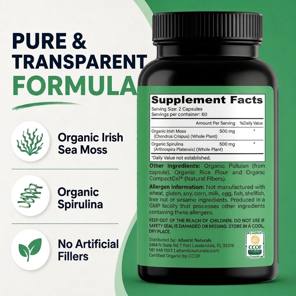 Sea Moss with Spirulina Capsules – Irish Sea Moss & Blue-Green Algae Superfood – Iron, Immune & Energy Support – Alternative to Sea Moss Gel & Spirulina Powder – 120 ct — Amazon image 7