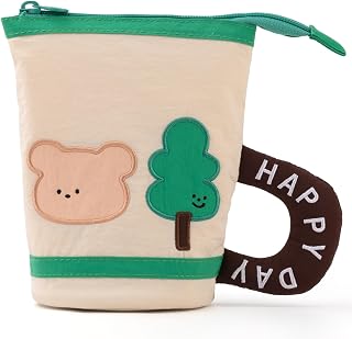 EASTHILL Kawaii Cup-Shaped Pencil Case, Standable Pen Pouch Cute Applique Stationery Organizer, Durable Washable Cotton Pencil Bag for School Students Teens Girls-Beige